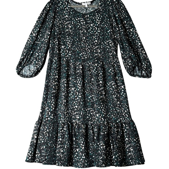 Black Teal White Animal Print Tiered Midi Dress Women's Size 1X Ballon Sleeve - Picture 2 of 13